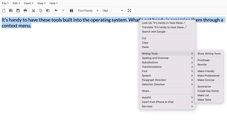 Screenshot of the context menu to show Writing Tools