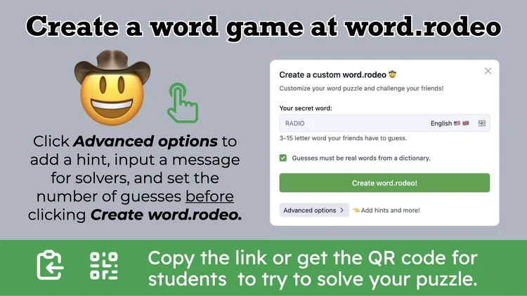 A screenshot of the word.rodeo website, featuring a smiling cowboy hat emoji. The main text reads "Create a word game at word.rodeo." Below, there's a form to create a custom word puzzle. Users can input their secret word, choose the word length, and