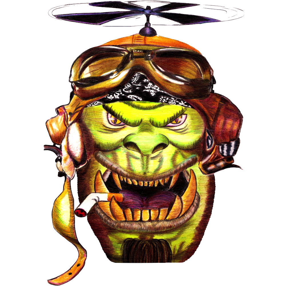 Original hand-drawn Flying Orc logo: a green orc wearing an aviator helmet and goggles.