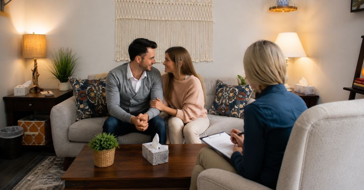 A couple holding hands and looking at each other during a marriage counseling session, sharing a moment of connection while their therapist observes.