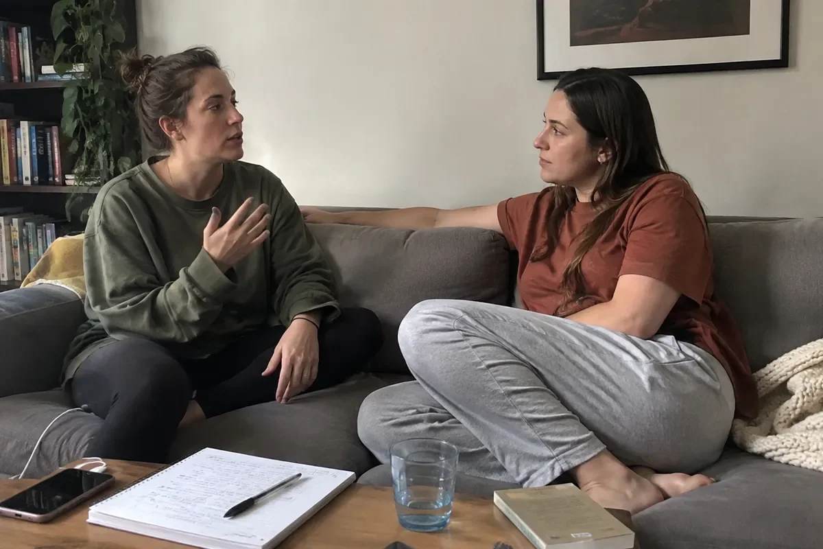 Two partners sitting on a couch talking through the boundaries of their relationship agreement