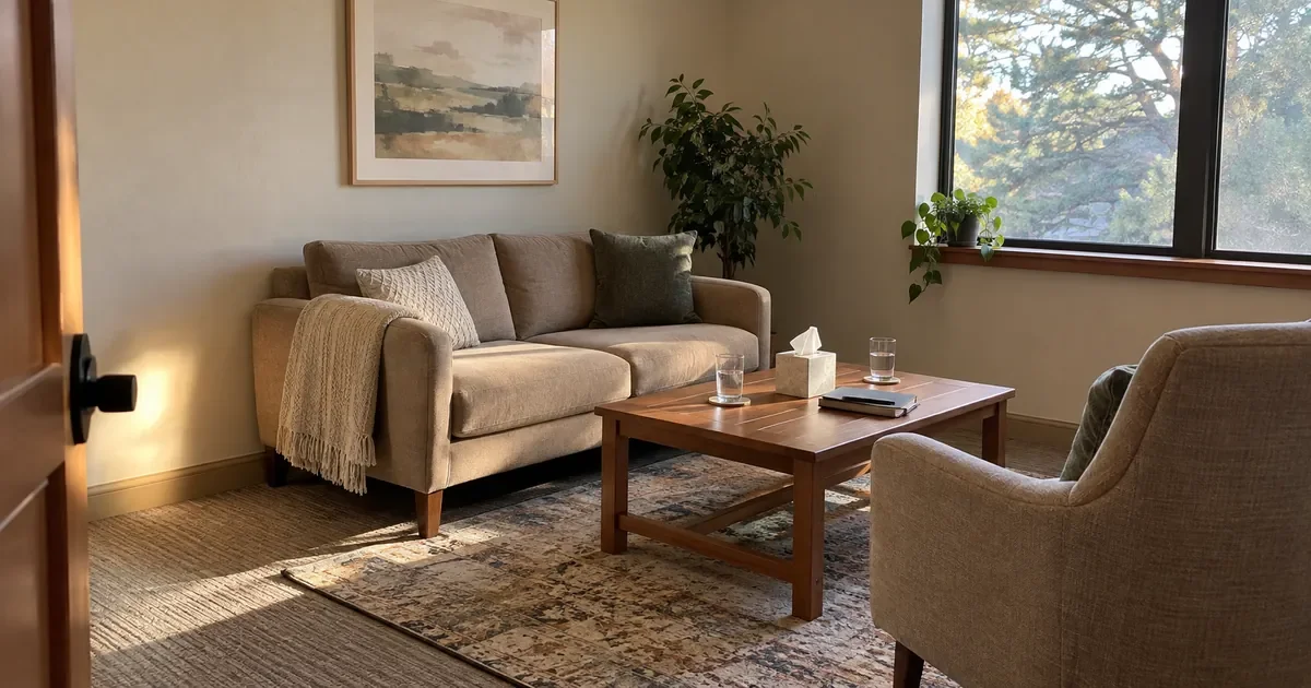 Empty couples counseling room with a sofa facing an armchair across a wooden coffee table with tissues and water, in warm afternoon light