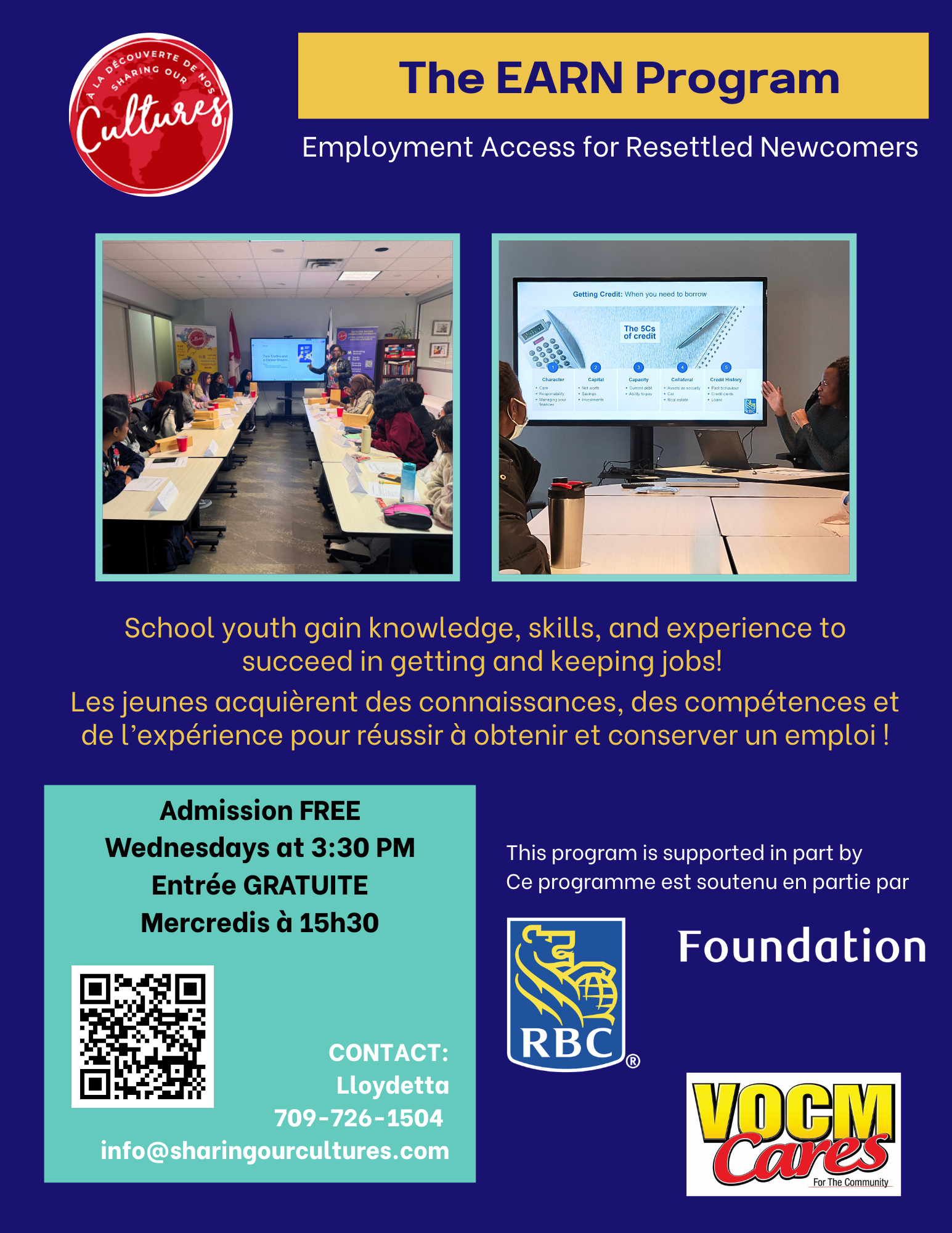 EARN Program poster with free Wednesday sessions, contact information, and QR code