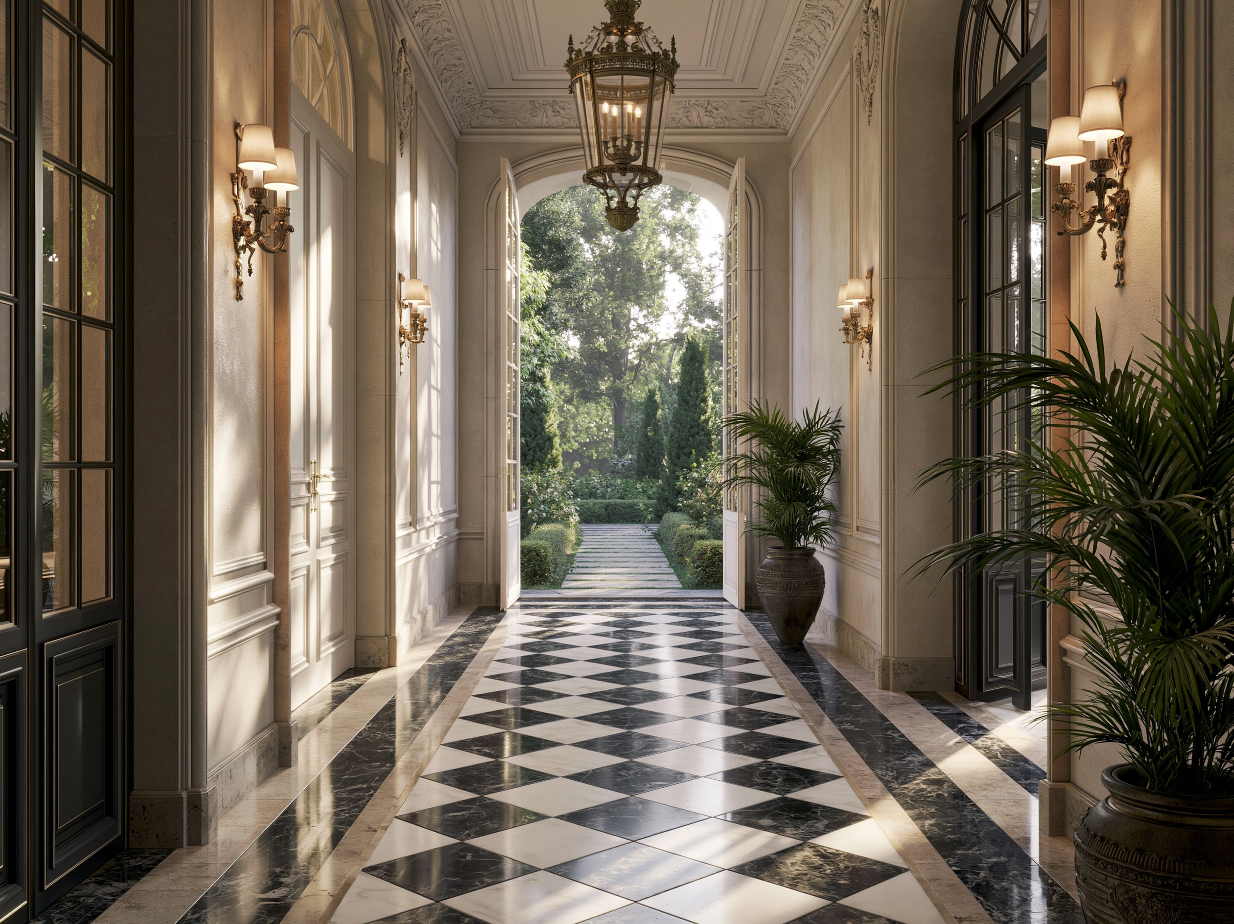 An interior hallway opening onto a sunlit garden, checkered marble floor