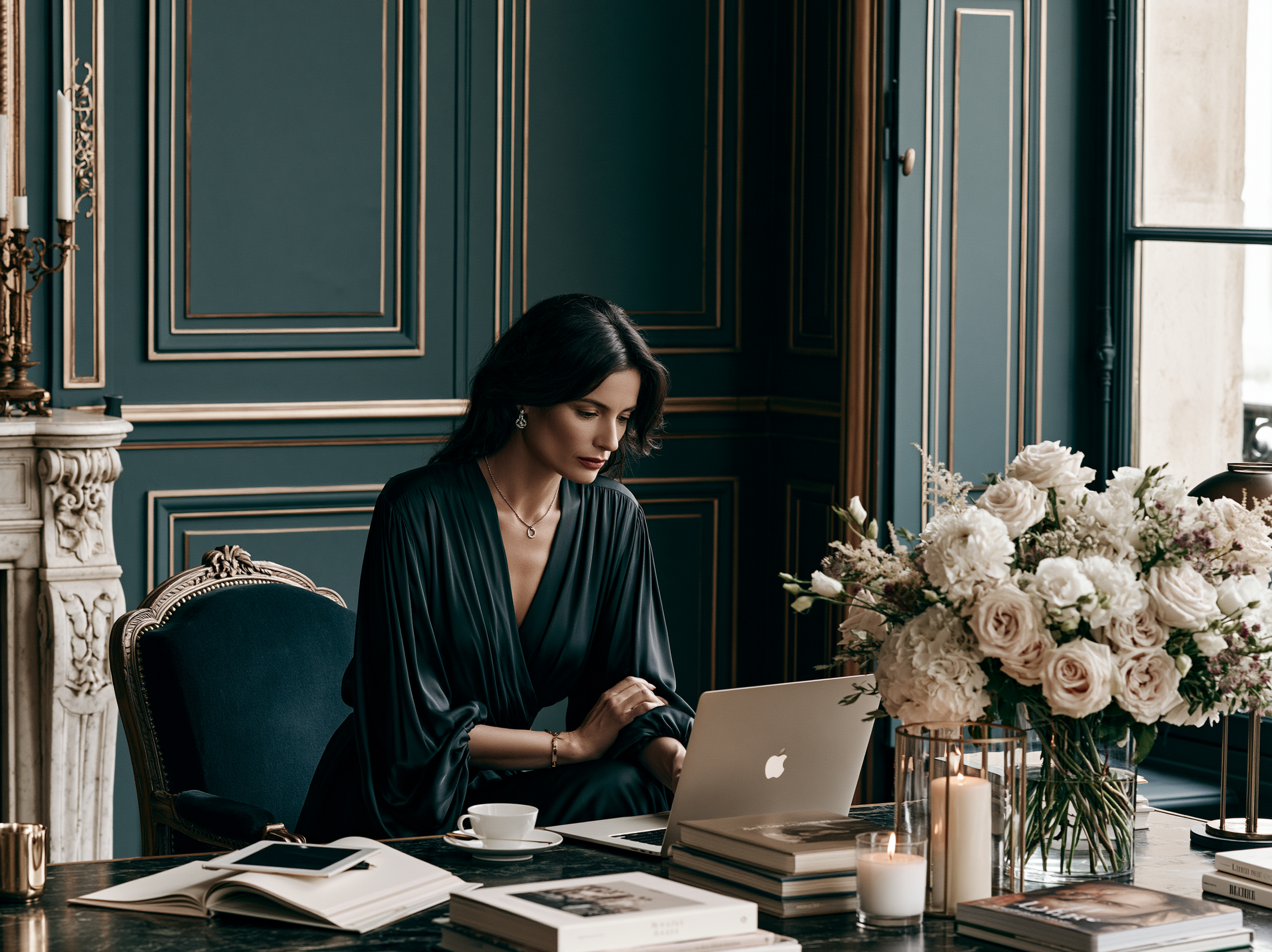 A woman writing at a desk in a navy room