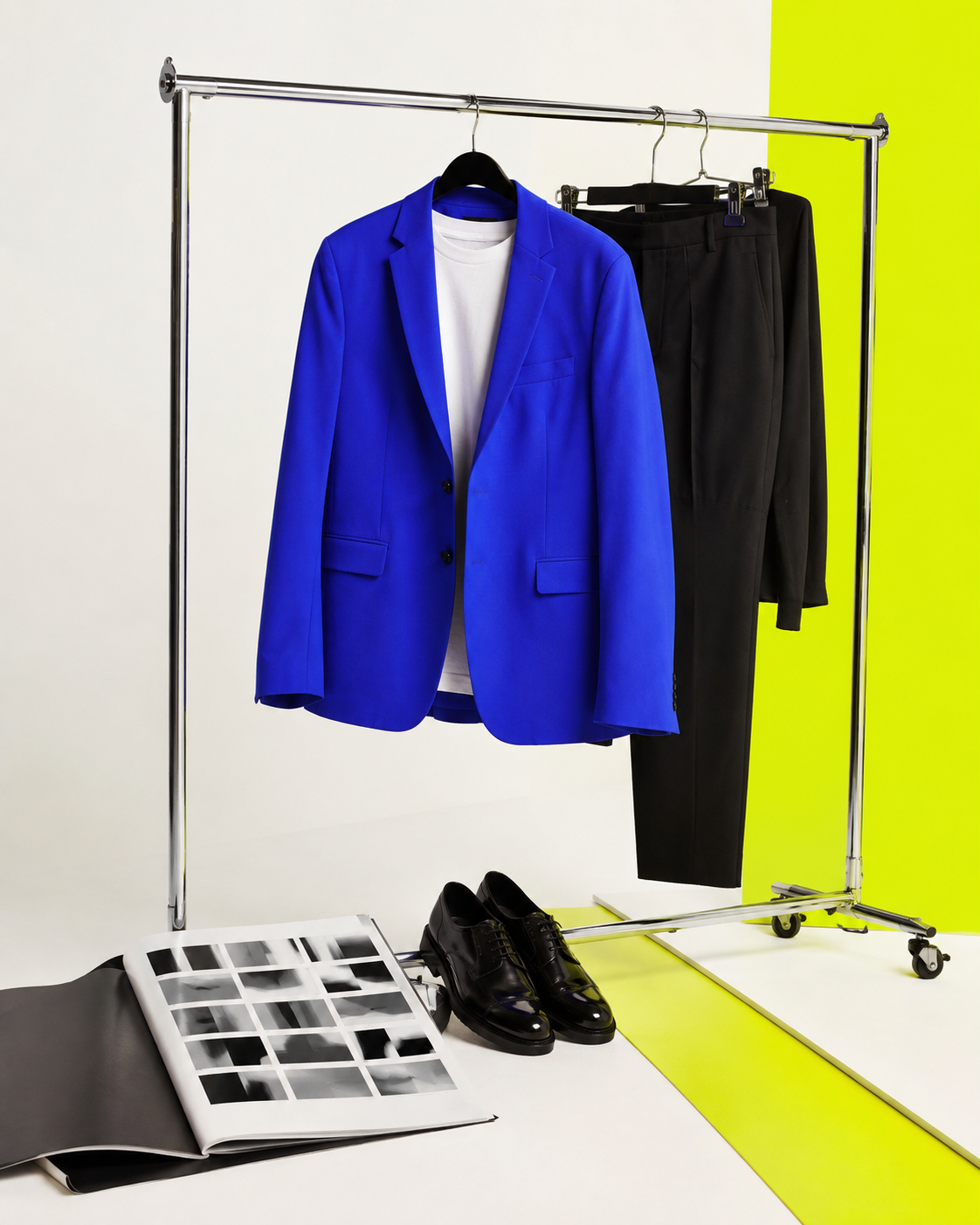 AI-generated editorial still life of simple wardrobe, shoes and contact sheets for a starter model portfolio
