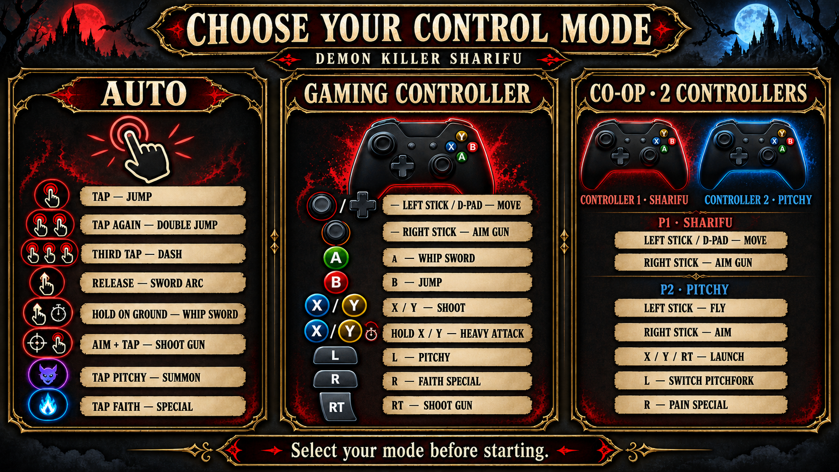Preview of Auto, Gaming Controller, and two-controller Co-op instructions