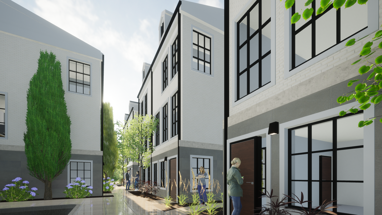 Side elevation of northern Michigan barndominium nestled among mature pine trees