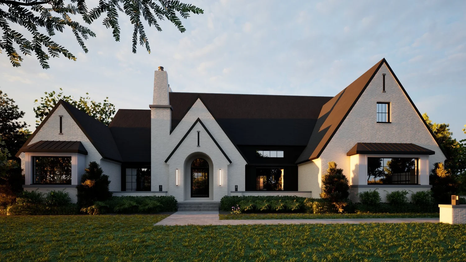 Side elevation of estate with standing-seam metal accents and wooded landscape