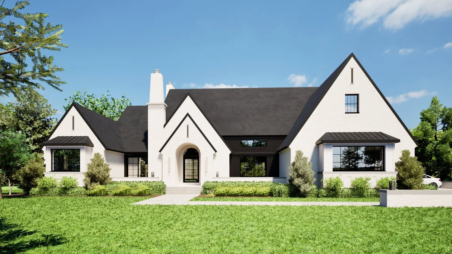 Front approach to Oakland Township Estate showing painted brick and steep gable roof forms