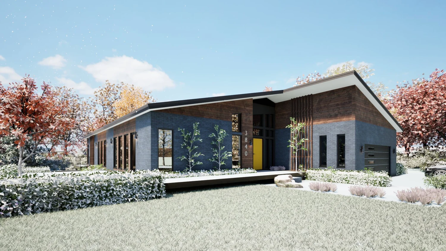 Rear elevation of Lake Orion residence showing connection from house to waterfront