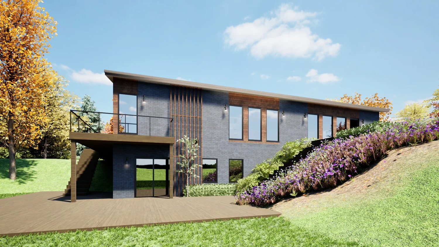 Entry detail with yellow accent door and clean modern material palette