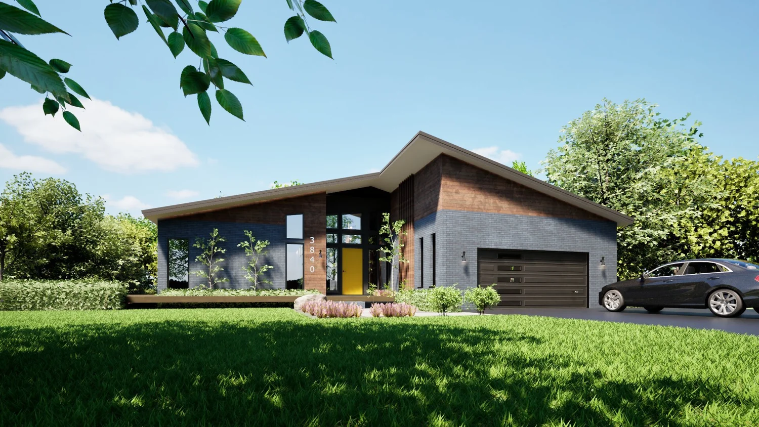 Rear elevation with expansive windows connecting interior living to private yard