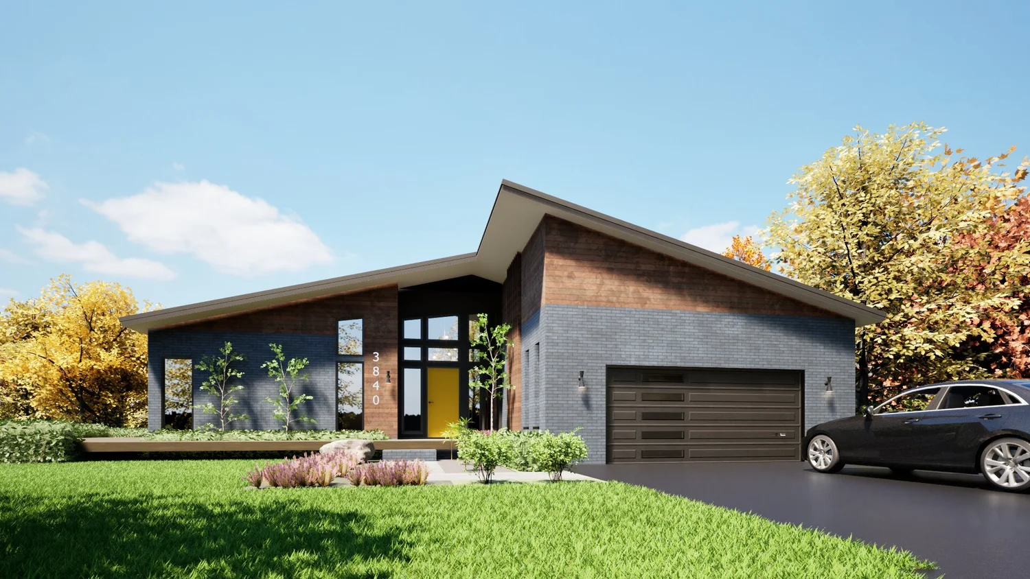 Side approach to Washington Township residence showing horizontal massing and landscape integration