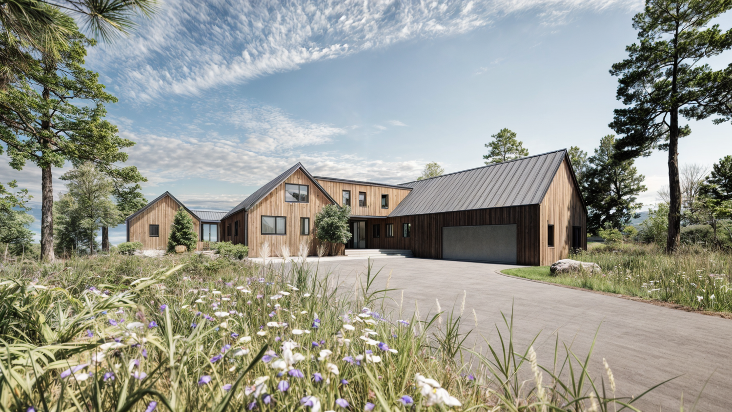 Interior rendering of Oakland Township Estate with open floor plan and natural materials