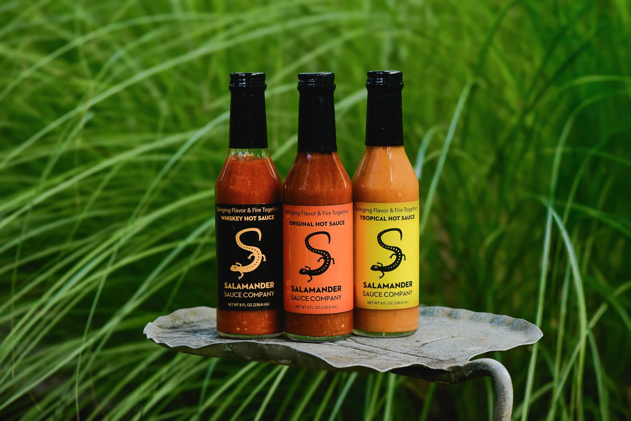 Salamander Sauce Company Whiskey, Original and Tropical hot sauce bottles on a metal leaf tray in tall grass