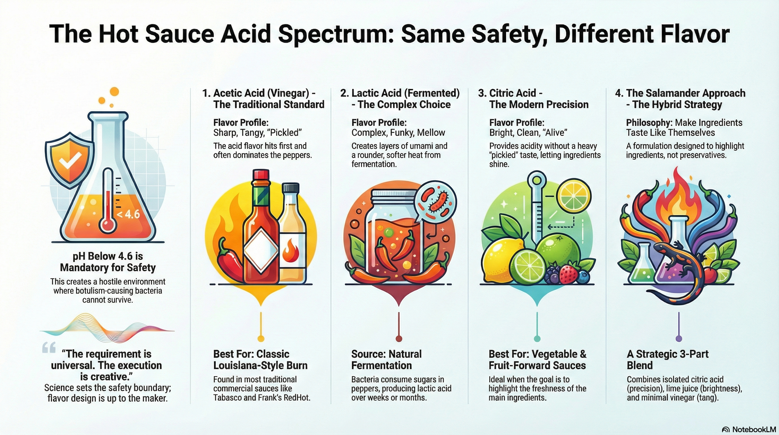 Hot sauce acid spectrum infographic comparing four approaches