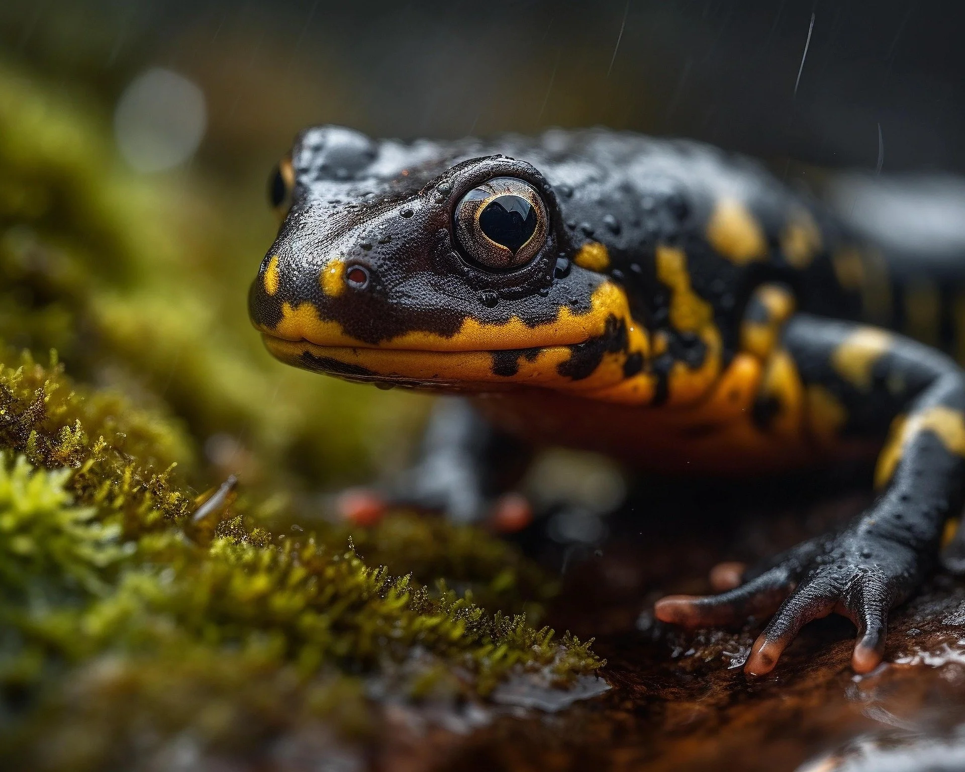 Fire salamander on wet moss, black with orange markings