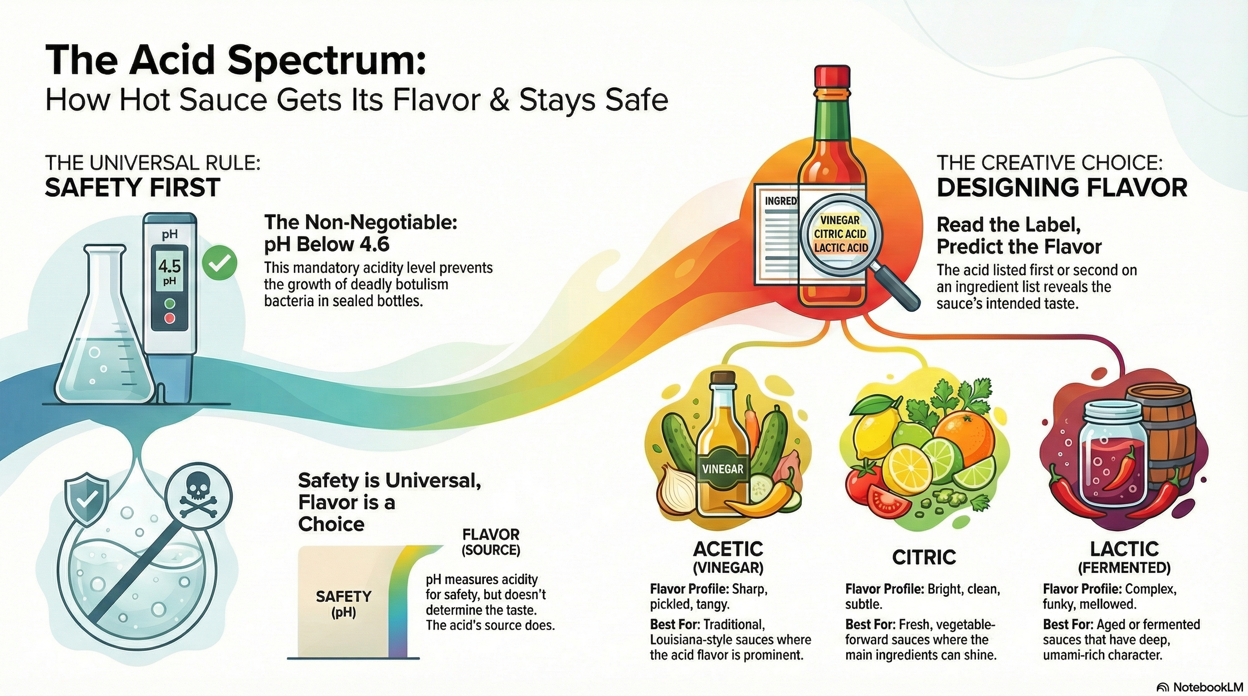 Hot sauce acid spectrum infographic showing how to read labels and predict flavor - acetic acid vinegar creates sharp pickled taste, citric acid creates bright clean taste, lactic acid fermentation creates complex funky taste