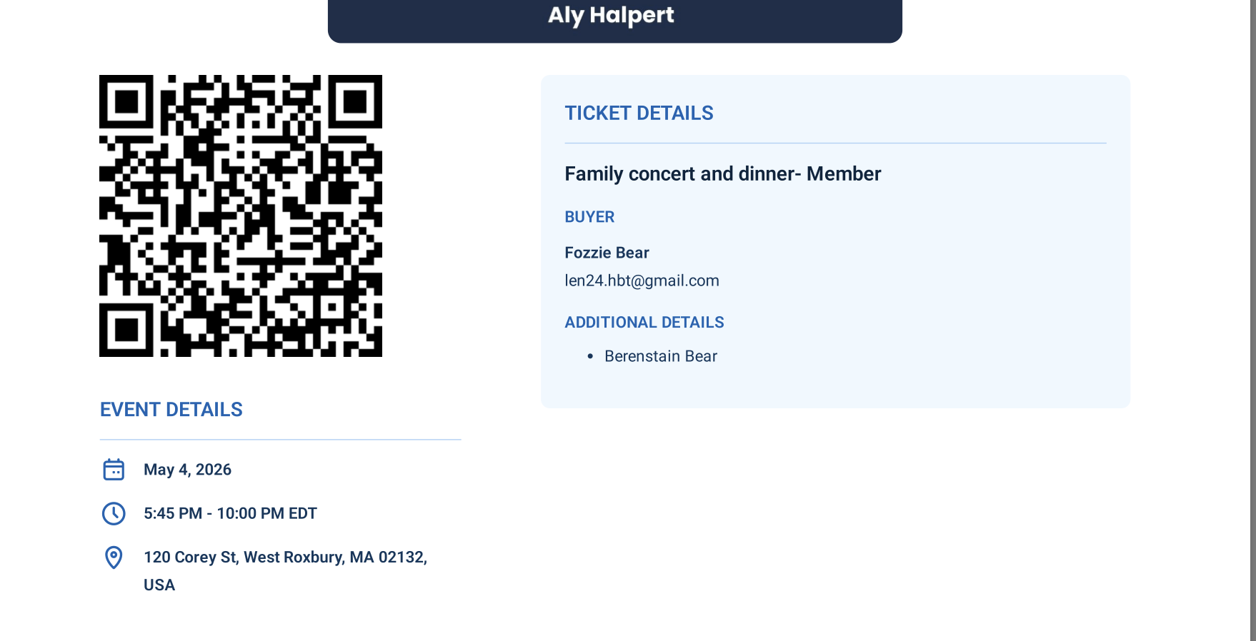 Fozzie Bear Family Concert test ticket with QR code