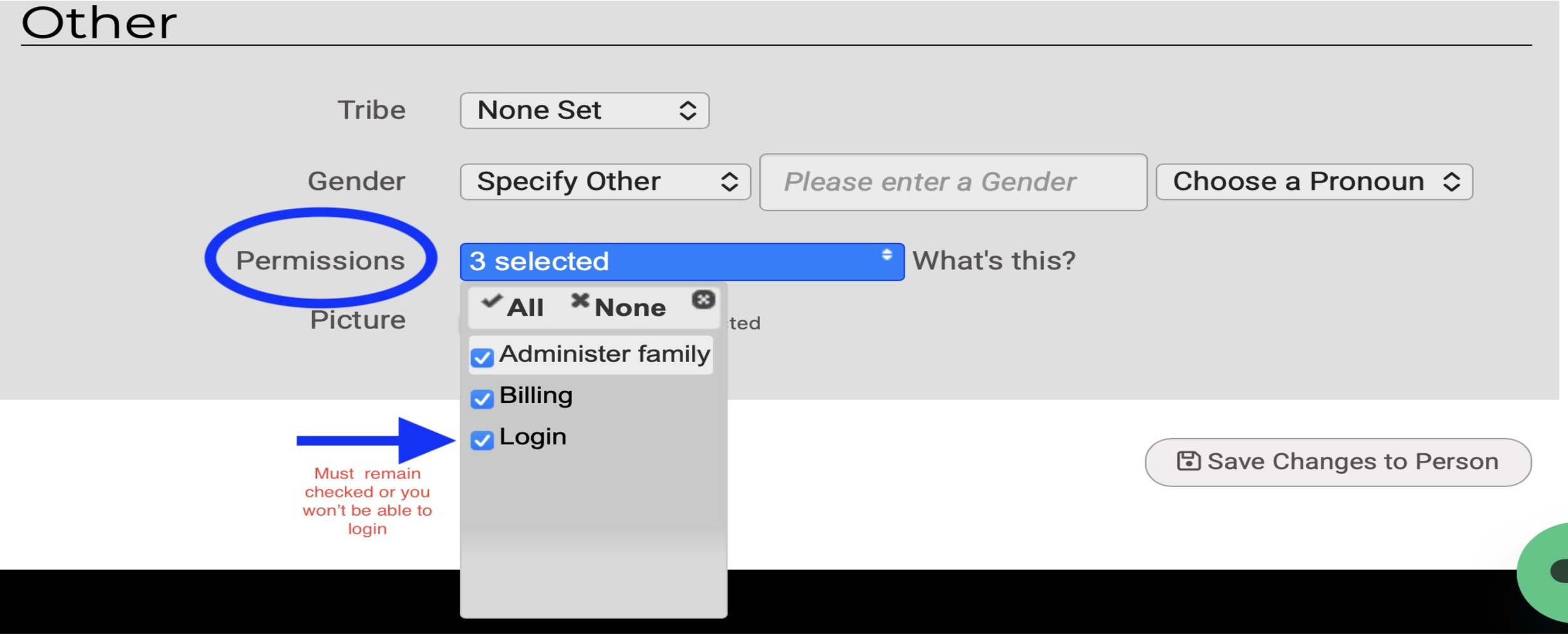 Permissions section showing Administer Family, Billing, and Login checked