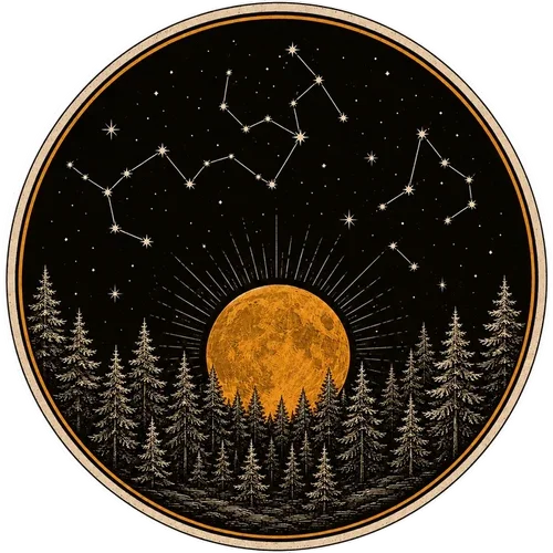 Engraved seal: an amber moon rising behind pines under constellations