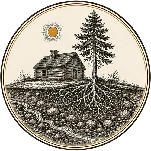 Engraved seal: a sun over a cabin and pine, roots and a spring below ground