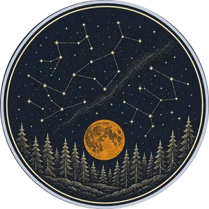 Engraved seal: the moon and constellations above the treeline