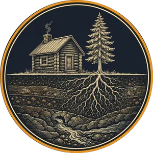 Engraved seal: a cabin and pine above ground, roots and a spring below
