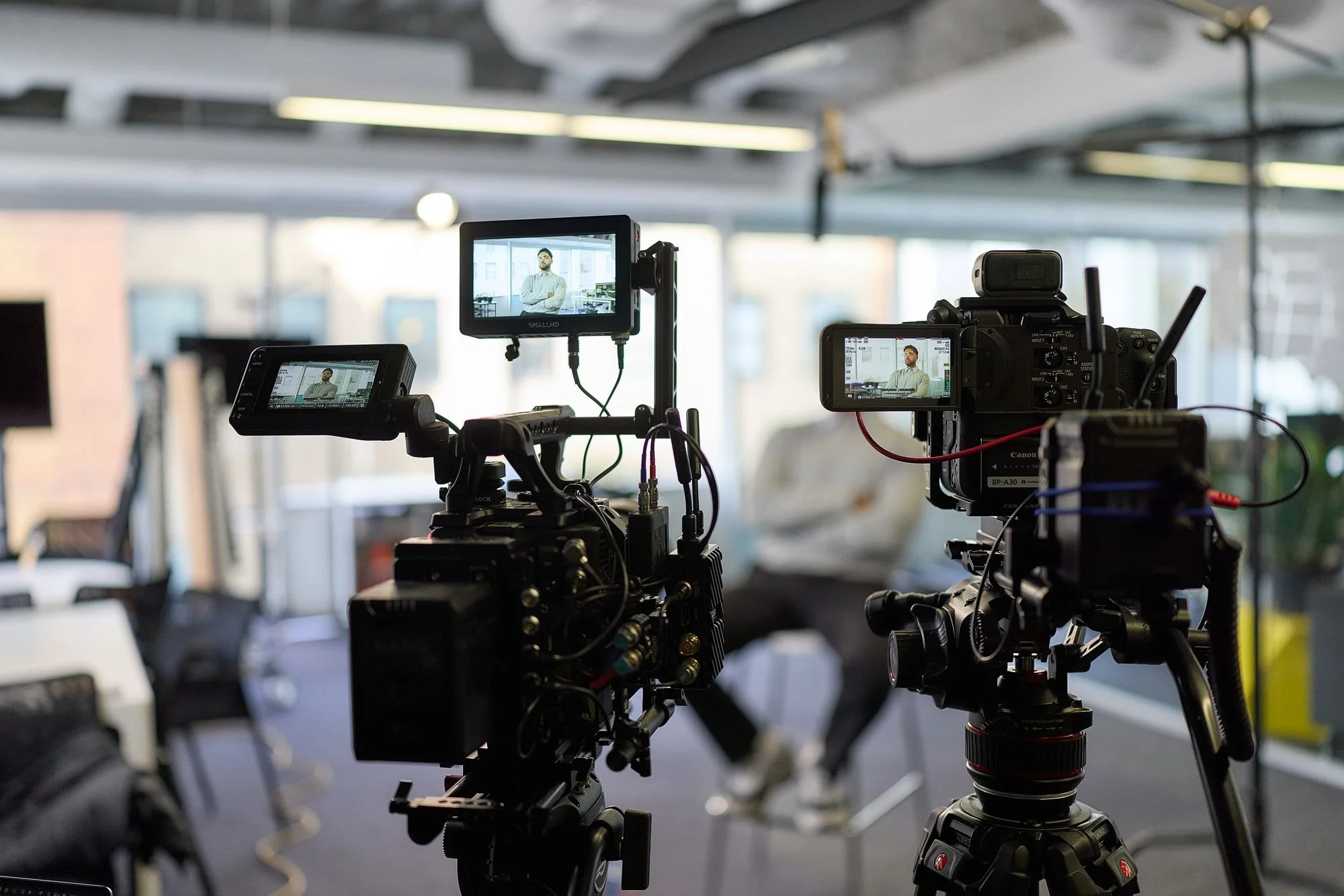 Multi-camera interview setup with monitors