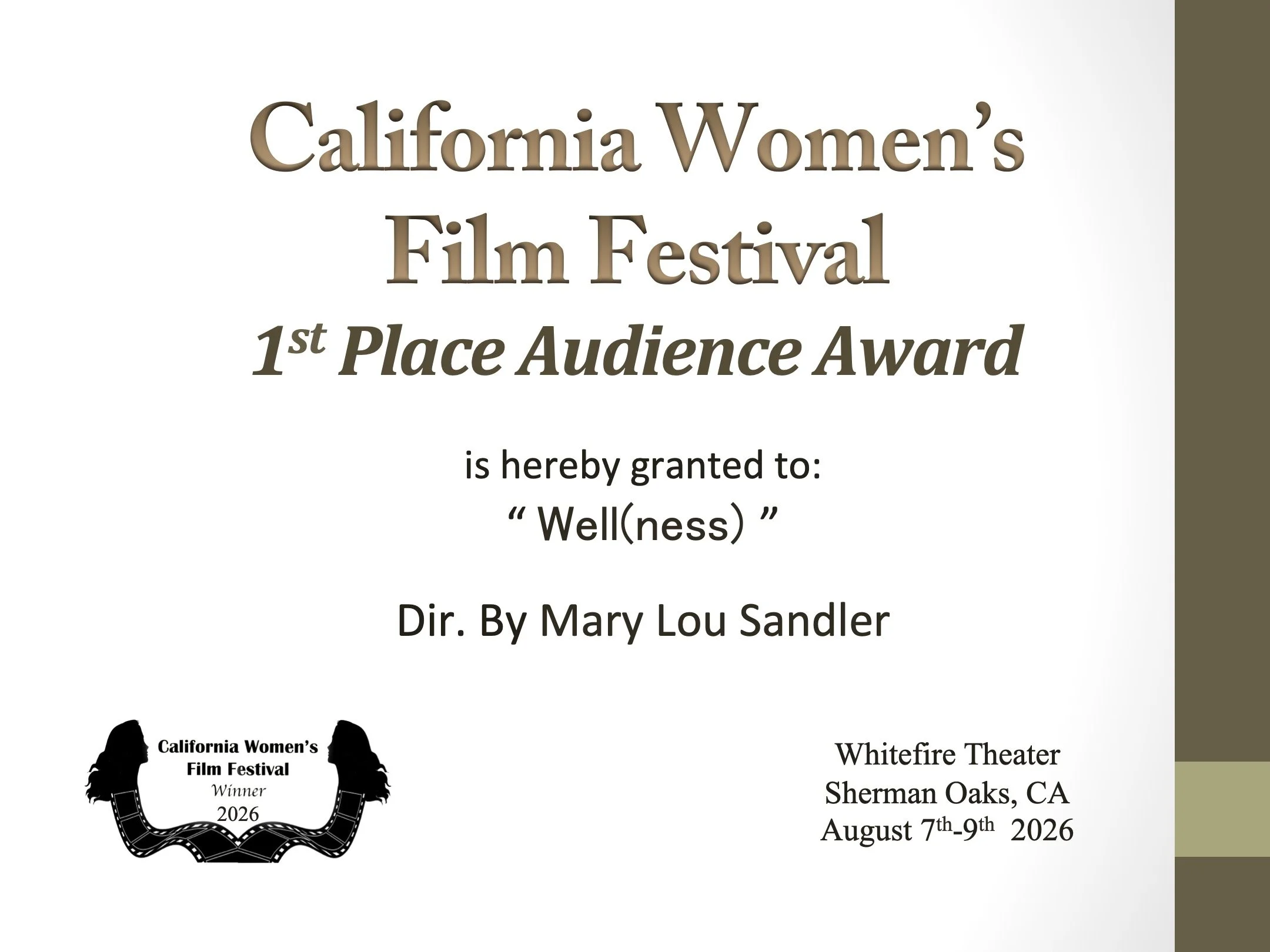 California Women's Film Festival 1st Place Audience Award Certificate