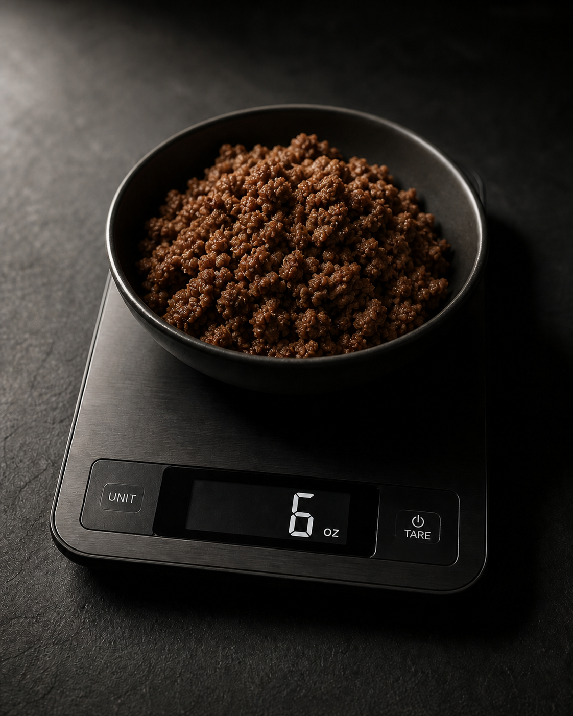Cooked ground beef on a food scale showing 6 oz