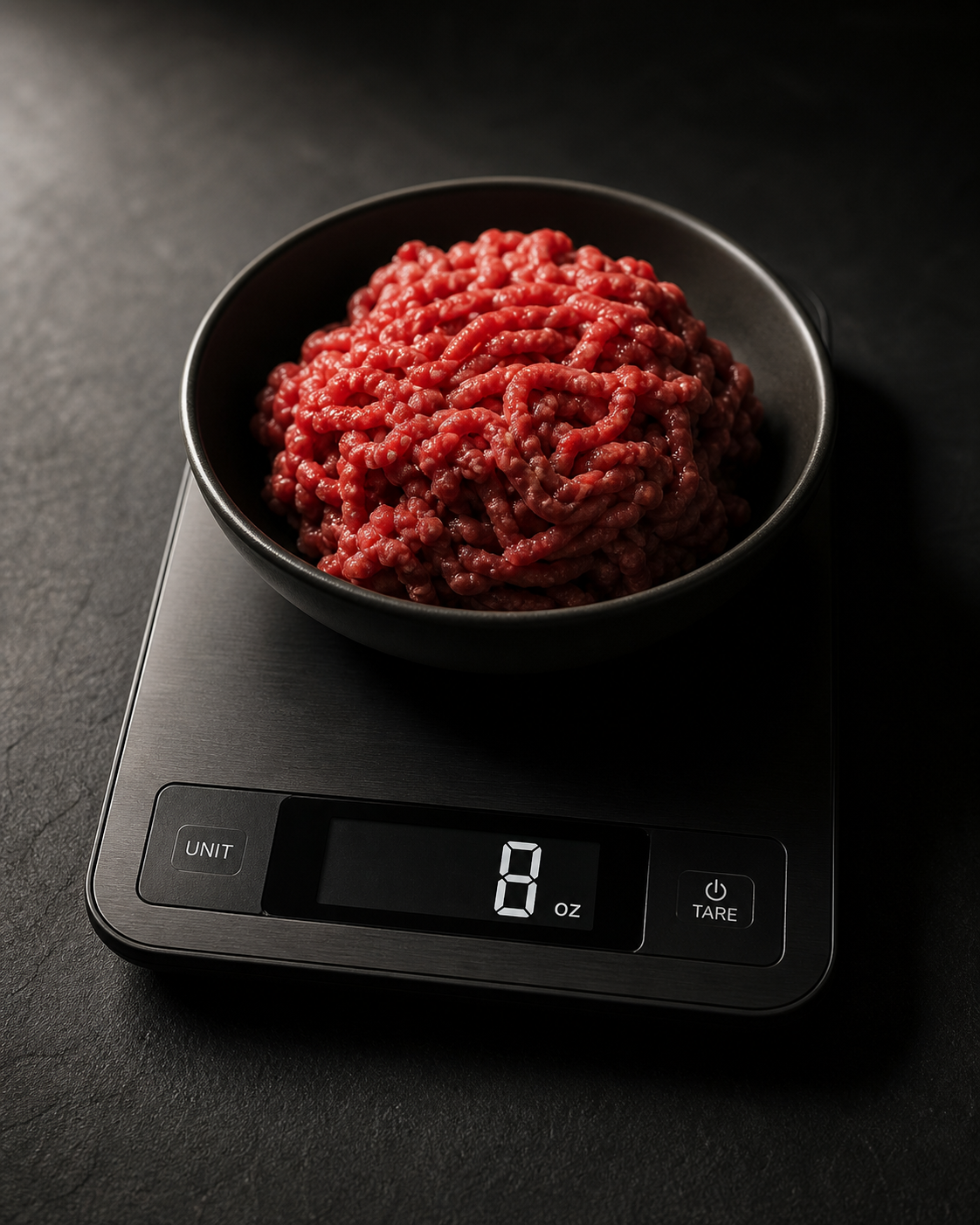 Raw ground beef on a food scale showing 8 oz