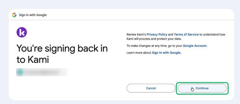 Signing back in to Kami screen with the Continue button highlighted