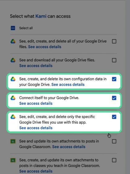 Kami permissions screen with the three required Google Drive permissions checked and highlighted
