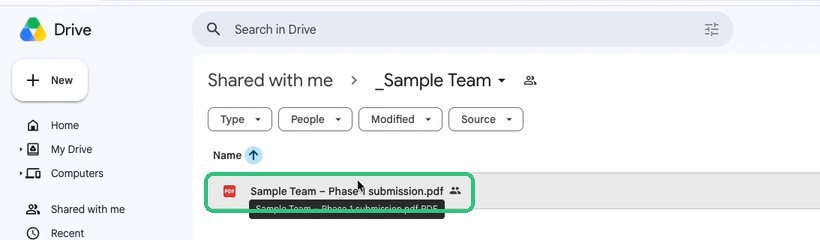 Team folder in Google Drive with the Phase 1 submission PDF highlighted