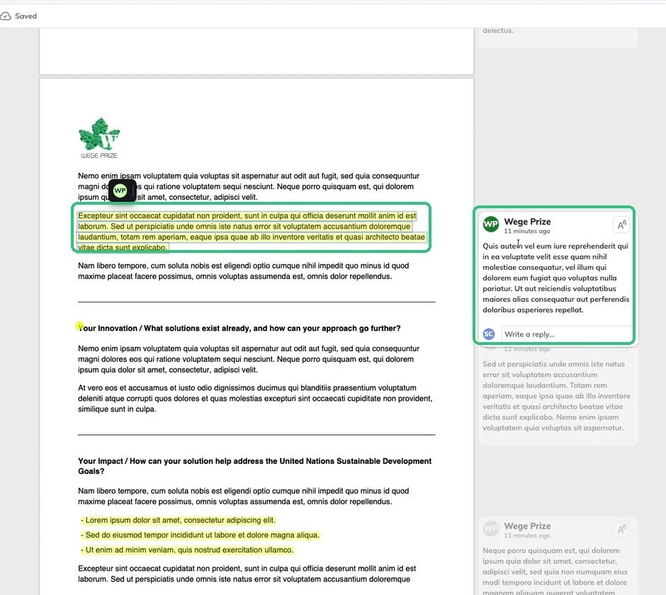 Clicking outlined text shows its comment in the sidebar