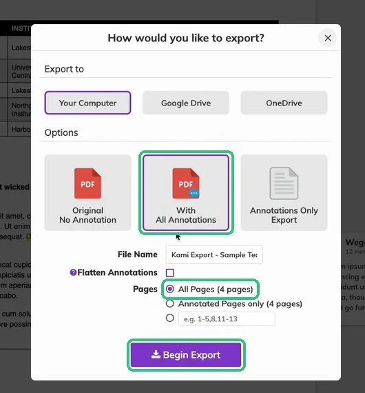 Kami export dialog with With All Annotations, All Pages, and Begin Export highlighted