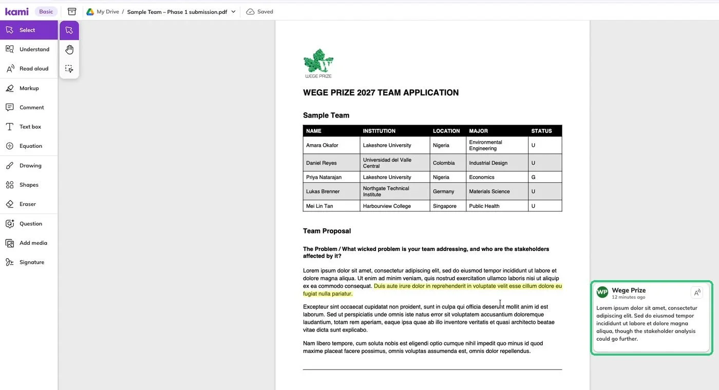Kami interface showing the submission with a judge comment highlighted in the sidebar