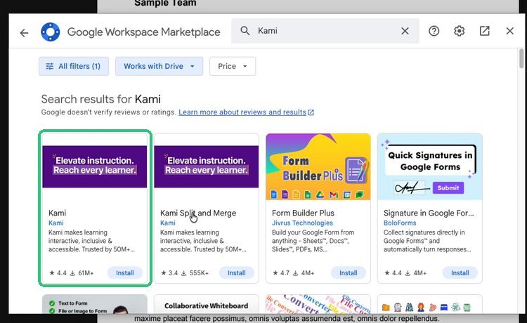 Google Workspace Marketplace search results with the Kami app highlighted
