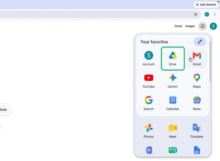 Google apps menu open with Drive highlighted