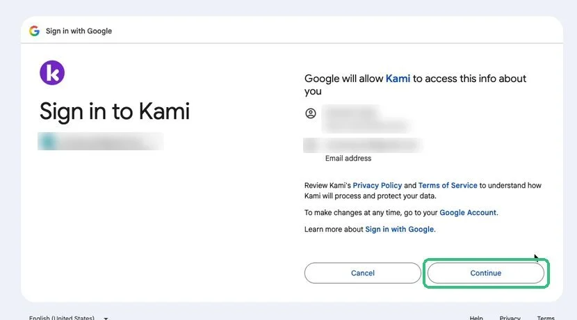 Sign in to Kami screen with the Continue button highlighted