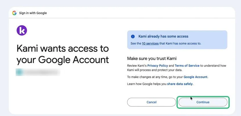 Kami wants access to your Google Account screen with the Continue button highlighted