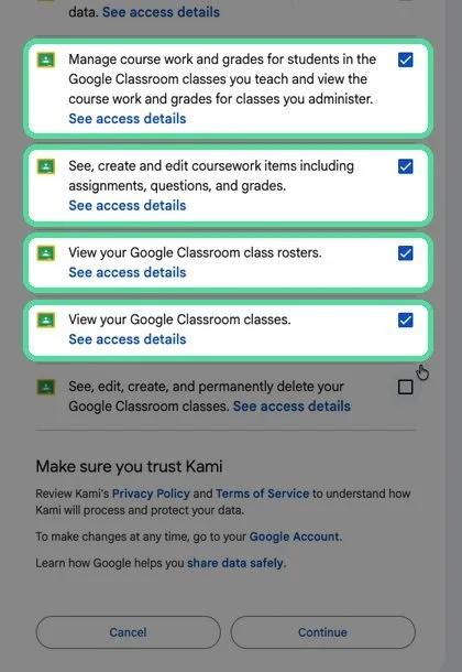 Kami permissions screen with the four required Google Classroom permissions checked and highlighted