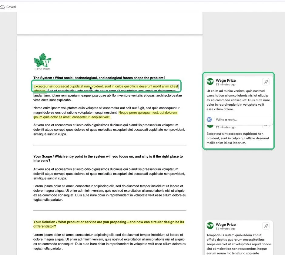 Hovering over a comment outlines the passage it refers to