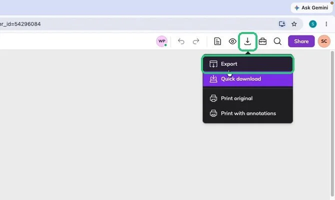 Kami download menu with Export highlighted