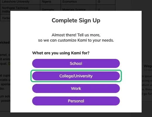 Kami Complete Sign Up dialog with College/University highlighted