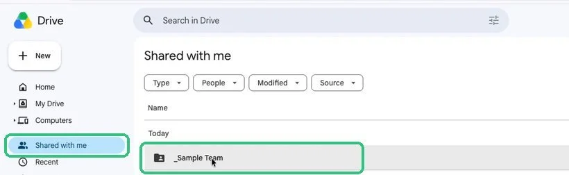 Google Drive Shared with me view with the team folder highlighted