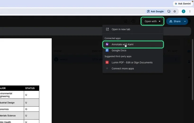 Open with menu showing Annotate with Kami highlighted