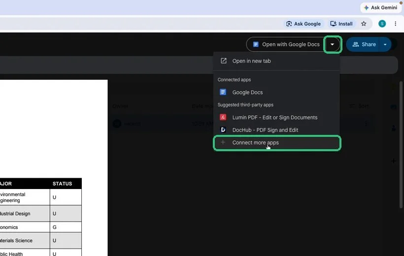 Open with menu expanded with Connect more apps highlighted